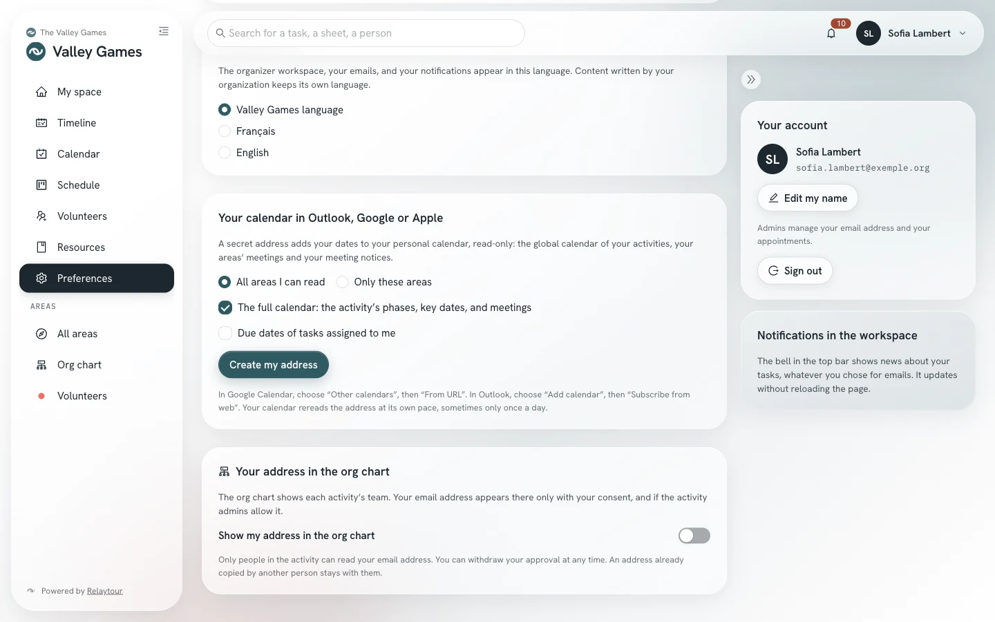Your address in the org chart panel: the switch that approves showing your address.