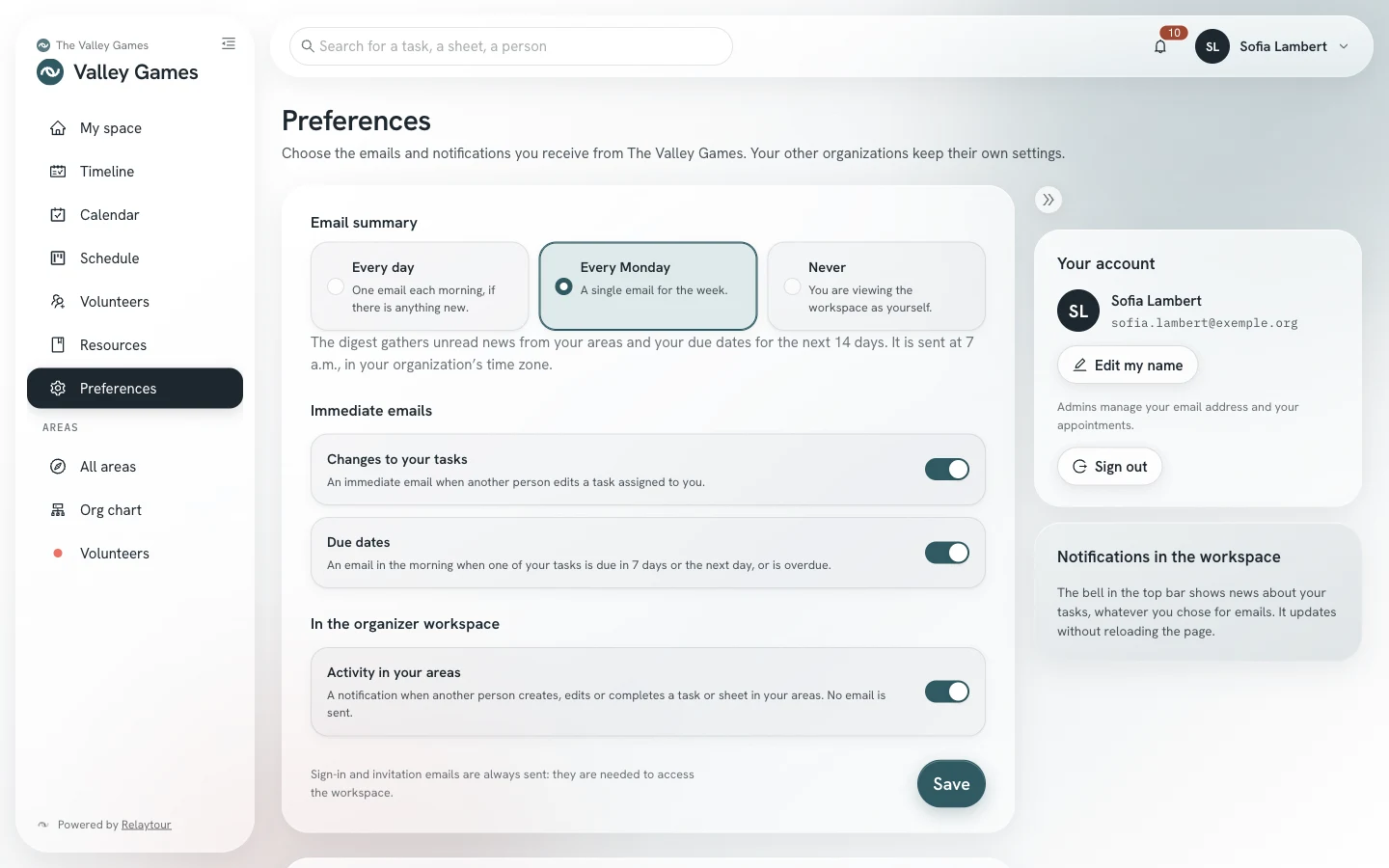 Preferences screen: the choice of email digest, the settings for immediate emails and the one for notifications of your areas.