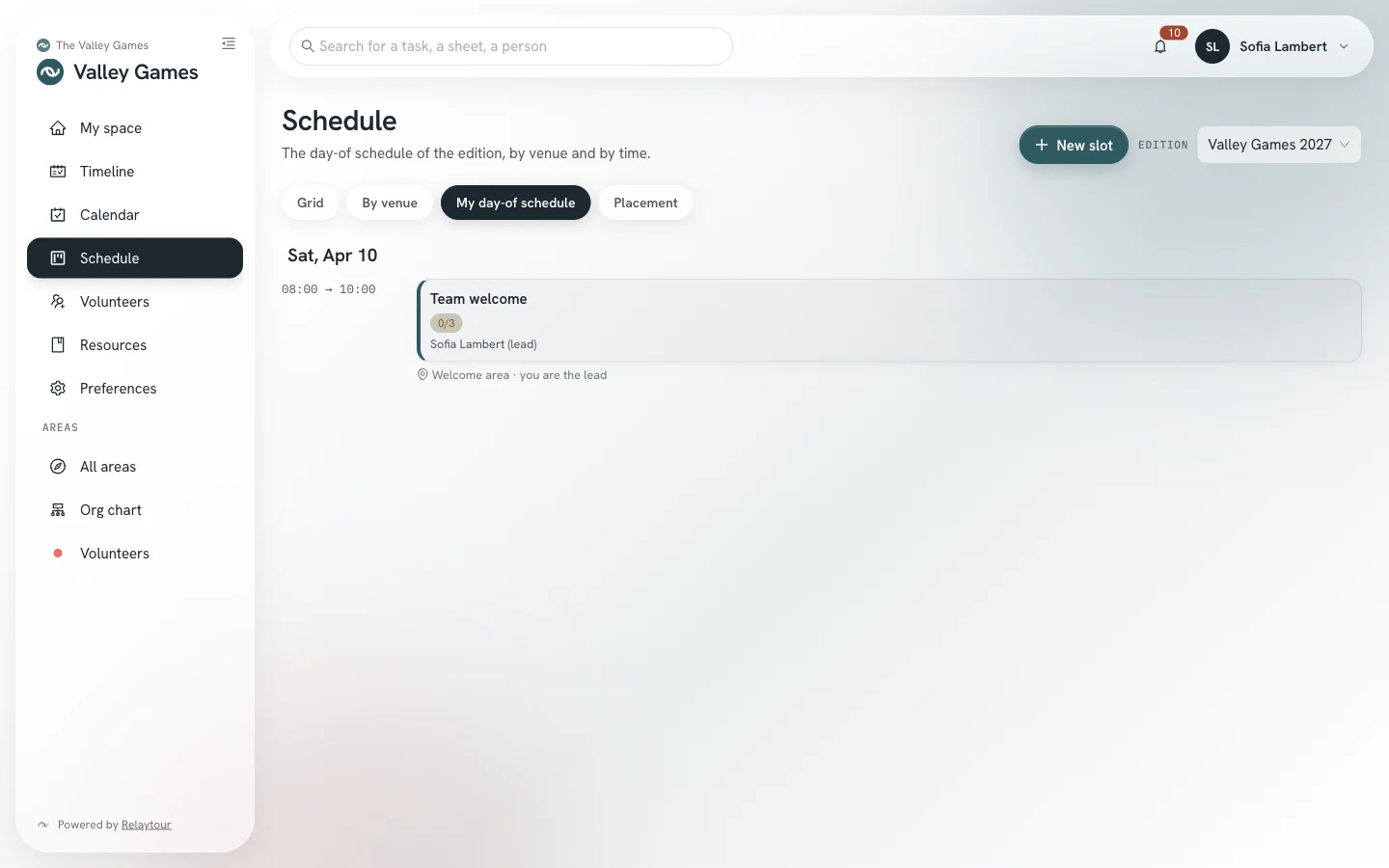 My day-of schedule view: the coordinator’s slots, with their time, venue and her role.