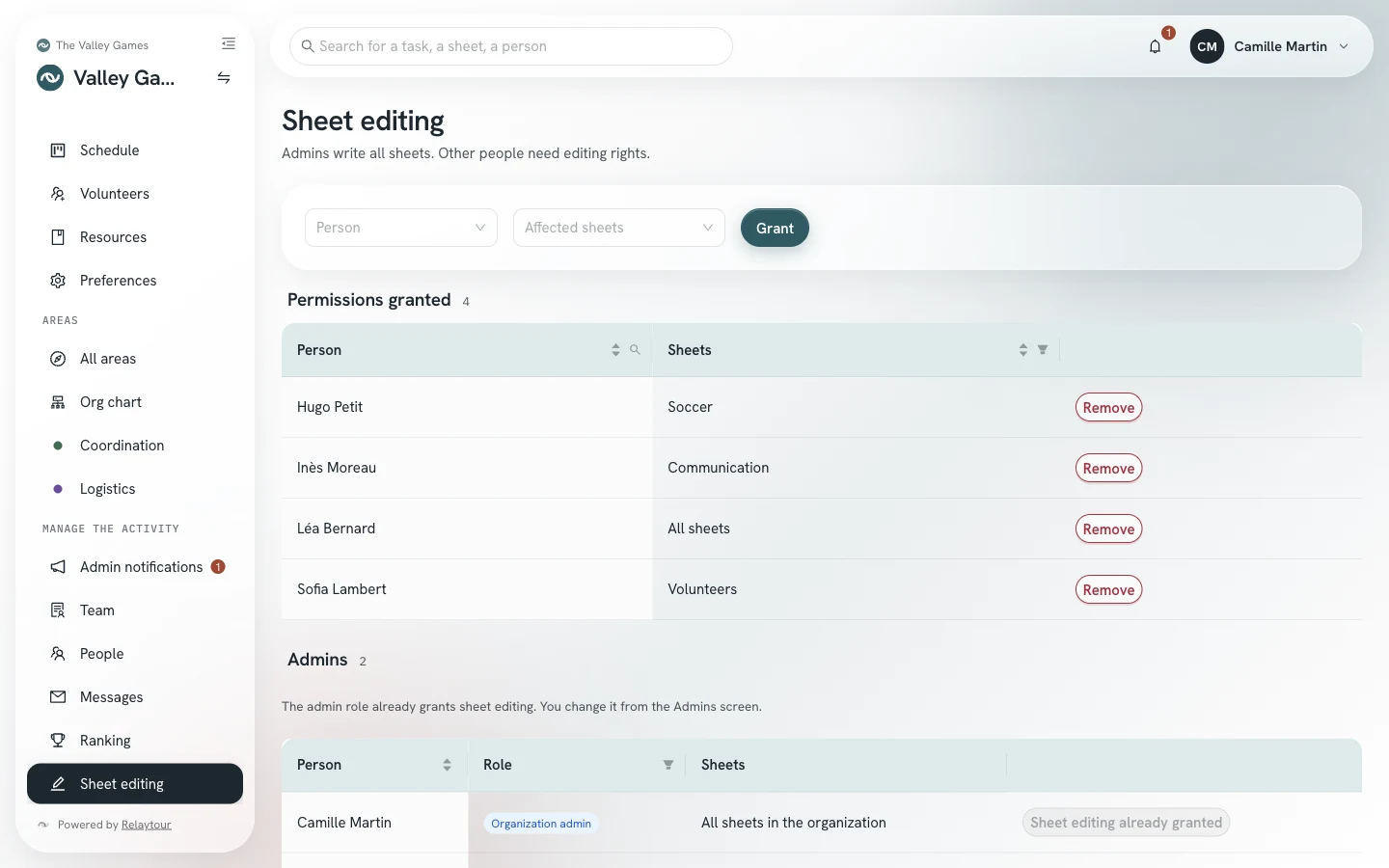 Sheet editing screen: one right covers all sheets, the others cover one area, and a second table lists the admins.