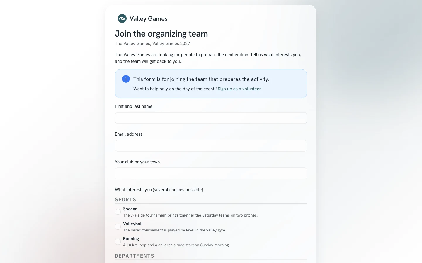 Public form to join the team: the name, the address, a follow-up question, and the areas of the activity with their description.