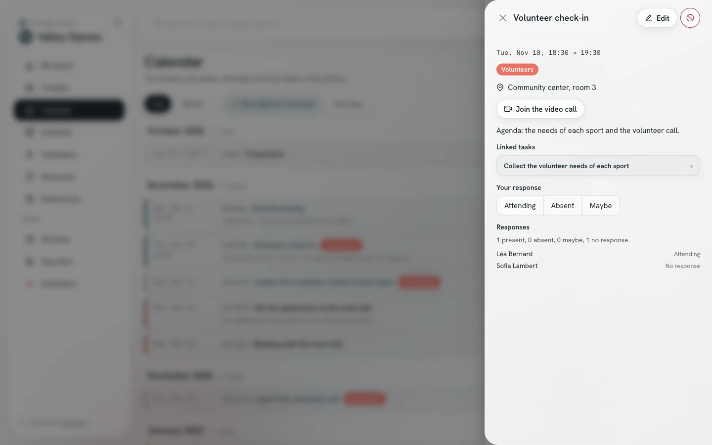 Meeting panel: the time, the venue, the video button, the linked task, the person’s reply and the team’s replies.