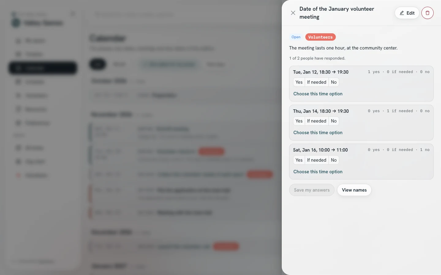 Date poll panel: three time options with their answer counts, and the Yes, If needed and No buttons under each.