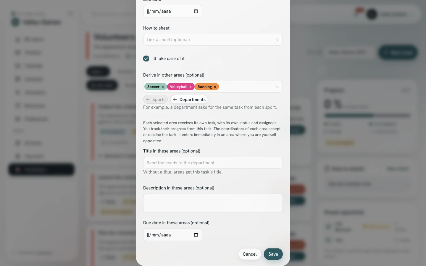 New task window: the Derive in other areas field, the chosen sports, and the title, description and due date specific to those areas.